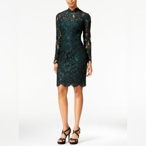 Betsey Johnson- dark green illusion lace long sleeve dress
